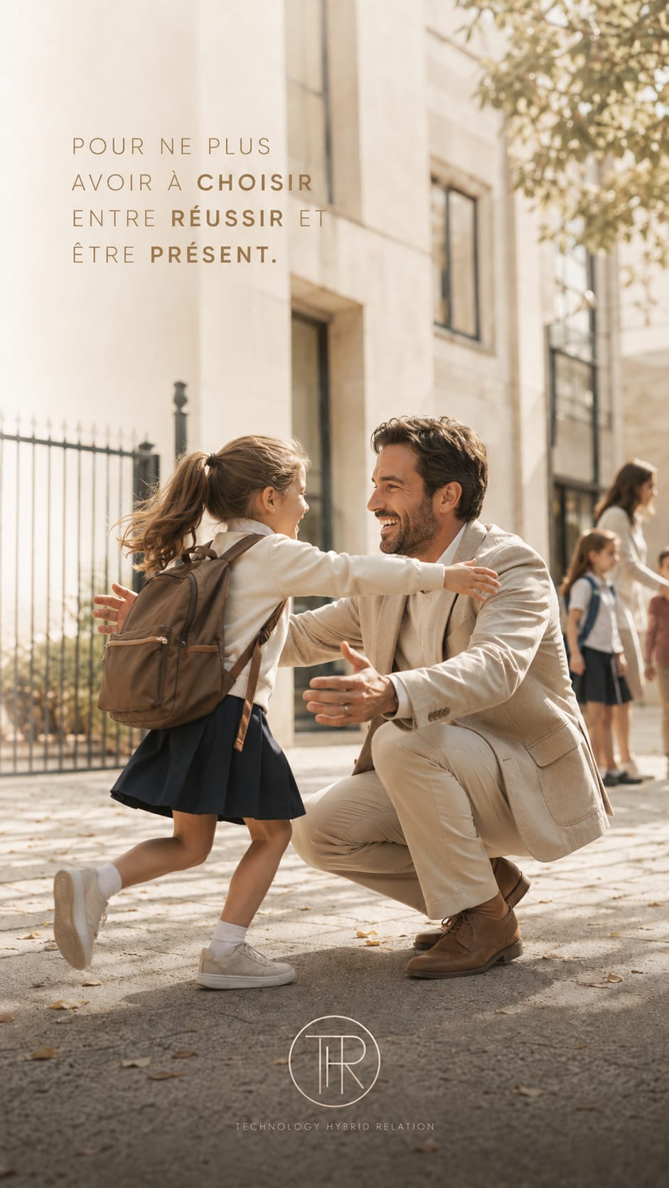 Un père retrouve sa fille à la sortie de l’école. Pour ne plus avoir à choisir entre réussir et être présent.